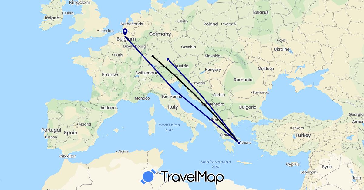 TravelMap itinerary: driving, aeroplane in Belgium, Germany, Greece (Europe)