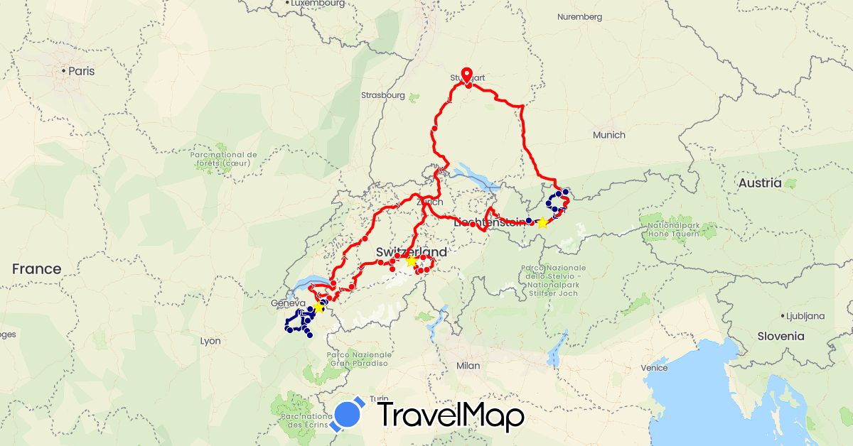 TravelMap itinerary: driving, camper in Austria, Switzerland, Germany, France (Europe)