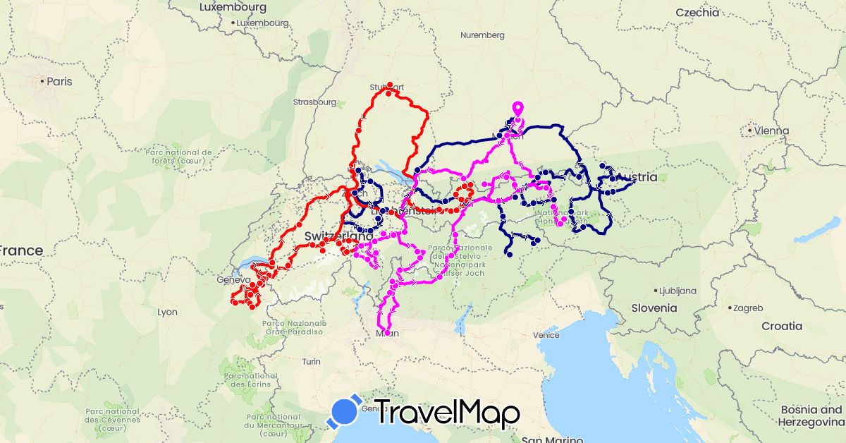 TravelMap itinerary: driving, motorcycle, camper in Austria, Switzerland, Germany, France, Italy (Europe)