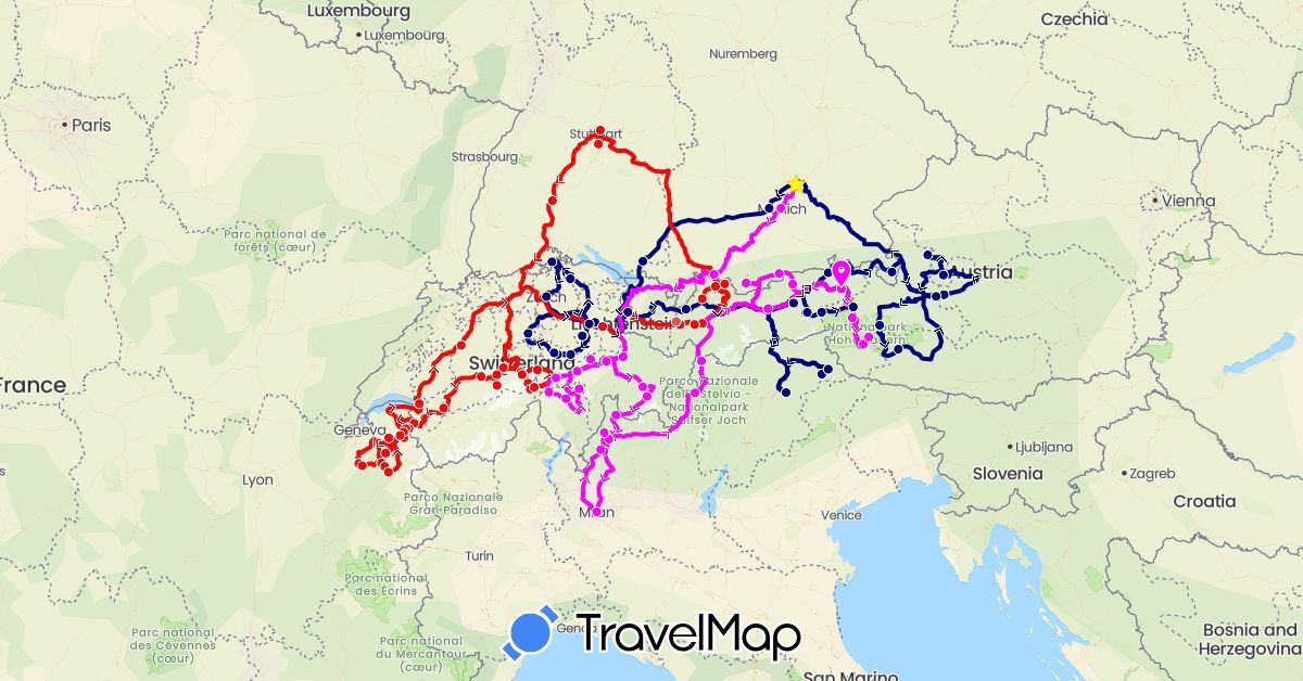 TravelMap itinerary: driving, hiking, motorcycle, camper in Austria, Switzerland, Germany, France, Italy (Europe)
